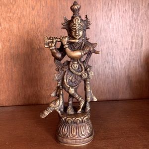 Bronze Krishna Standing on a Lotus Playing the Flute Figurine Brass Statue